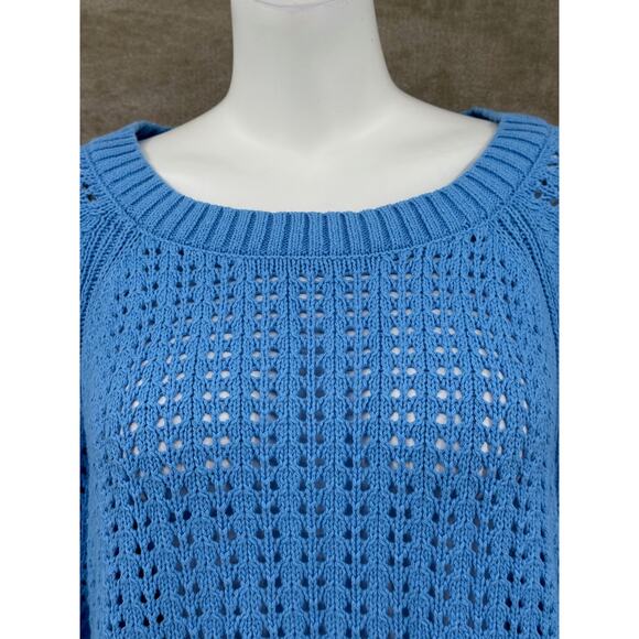 Talbots Sweater Womens 2X Blue Open Knit 100% Cotton Coastal Beachy Minimalist - Picture 2 of 9